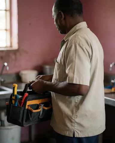 Back view of a kitchen repair technician holding a tool case in a kitchen with pink walls and natural light from a window