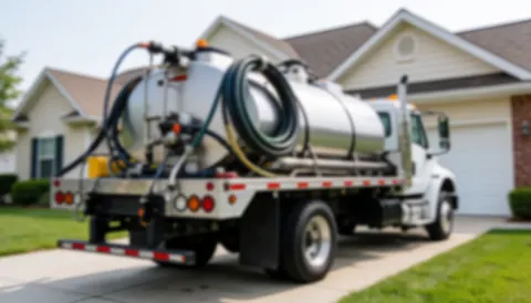 Mobile car wash truck parked on a residential street with a blurred background, suitable for text overlay about home car wash services