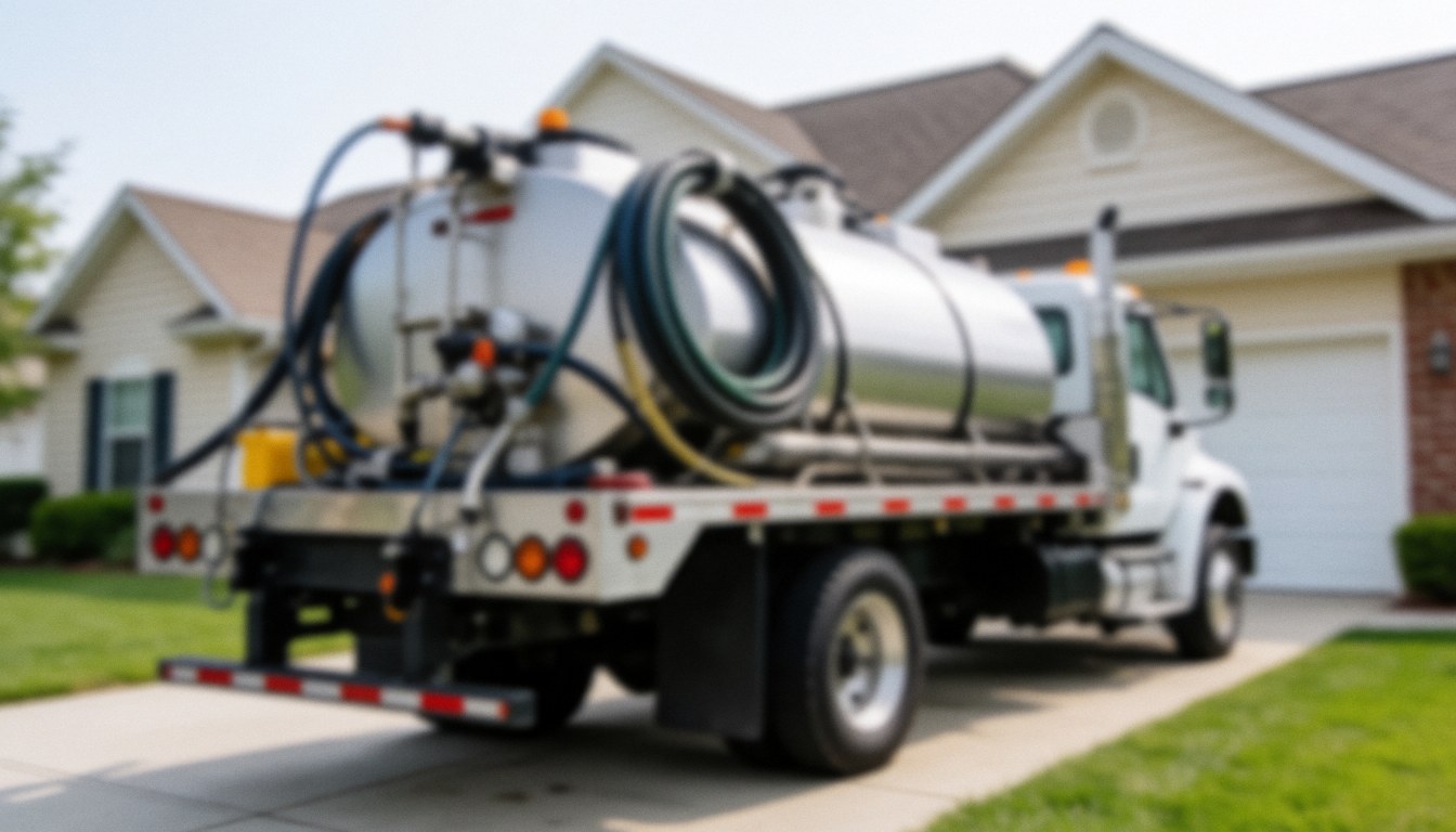 Mobile car wash truck parked on a residential street with a blurred background, suitable for text overlay about home car wash services