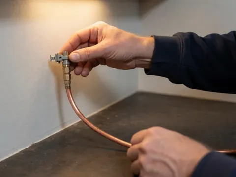 Close-up of a hand tightening a copper pipe connection during an appliance repair job on a dark surface with gray walls.