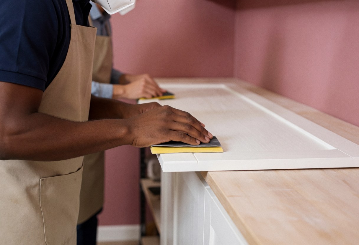 A worker wearing a mask and apron sands a white cabinet door in a workshop with pink walls, using a visible tool in a realistic setting.