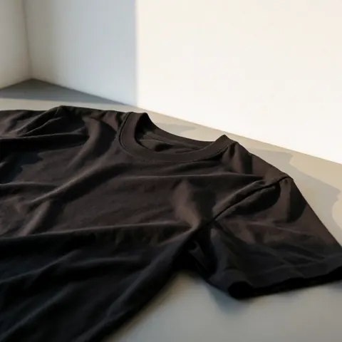 Black cotton t-shirt with visible texture placed in a corner with white walls and natural light creating soft shadows on the fabric