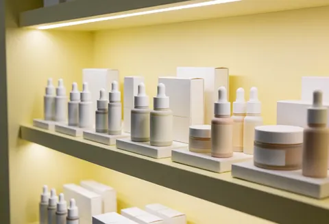 Shelf displaying organized neutral-toned beauty bottles and tubes against a soft yellow backdrop with professional lighting