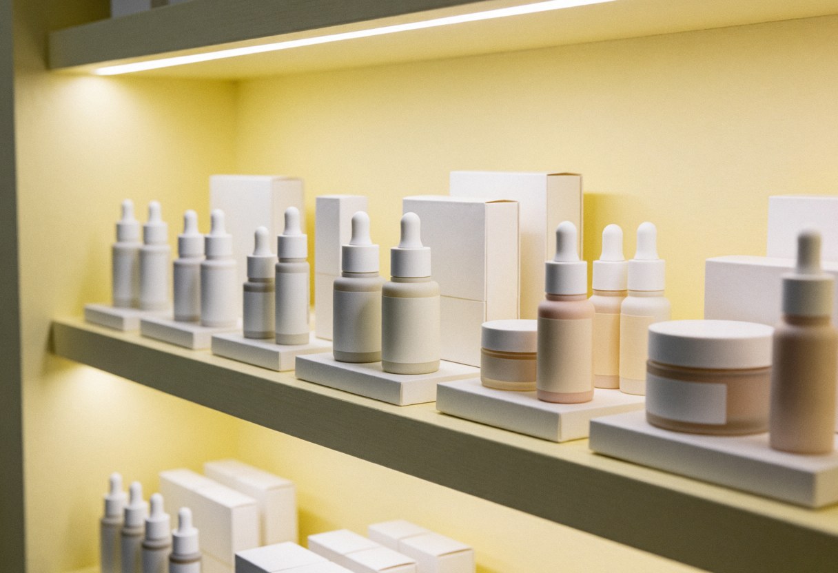 Shelf displaying organized neutral-toned beauty bottles and tubes against a soft yellow backdrop with professional lighting