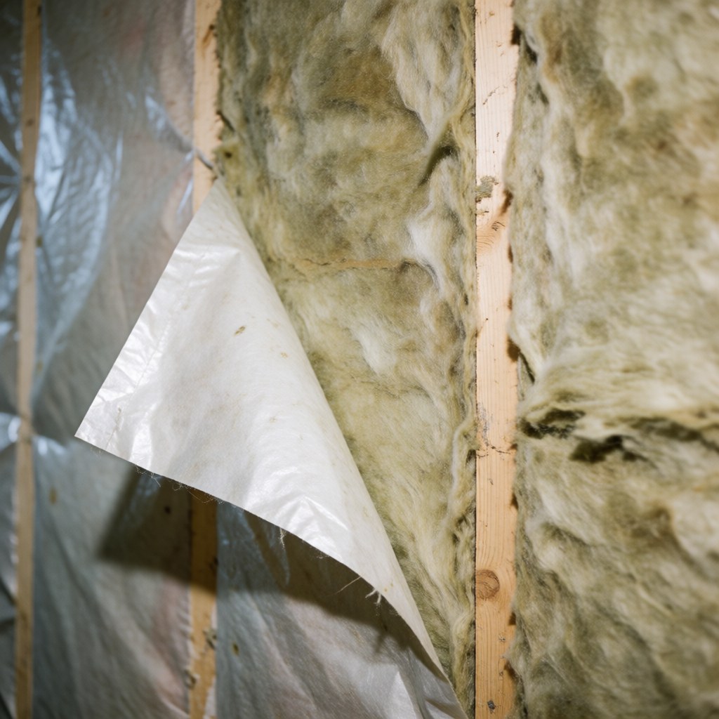 Cross section of a wall revealing mineral fiber thermal insulation between wooden beams with a partially exposed vapor barrier.