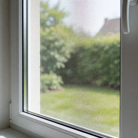 White window screen installed with a view of a green garden and trees under soft natural light