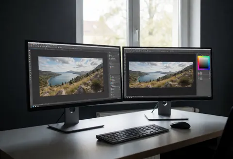 Editing desk with two monitors, keyboard, and mouse displaying photography software. Window with natural light and gray walls.