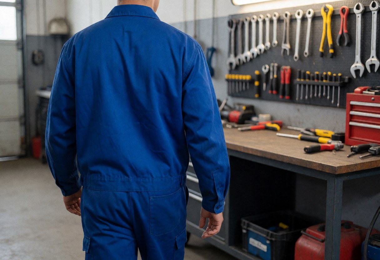 Technician standing with back to camera in workshop, wearing blue shirt, facing workbench with organized tools on wall and wooden table.