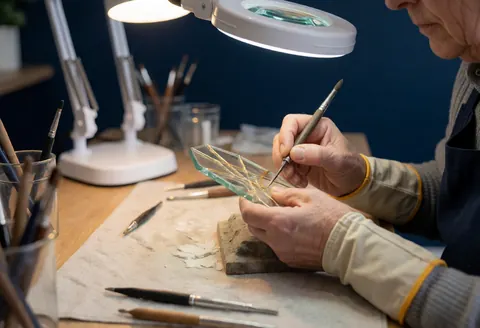 Close-up of hands using specialized tools to perform kintsugi repair on a glass fragment under magnified light in a workshop with a dark blue wall.