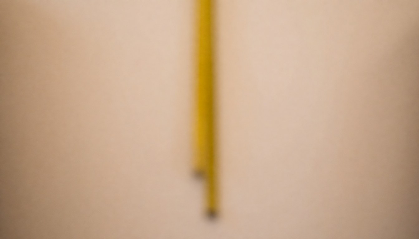 Soft blurred background of a tailor shop with a hanging yellow measuring tape, warm neutral tones, ideal for professional text and designs.