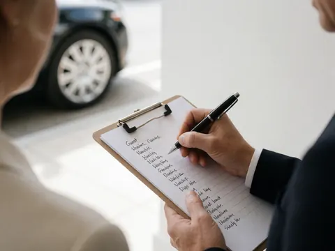A hand writes names on a guest list clipboard with a blurred luxury car in the background, conveying a professional and organized wedding planning atmosphere.