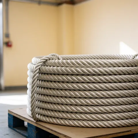 New shiny steel cable coiled on a wooden pallet in an industrial warehouse with beige walls and a blurred background.