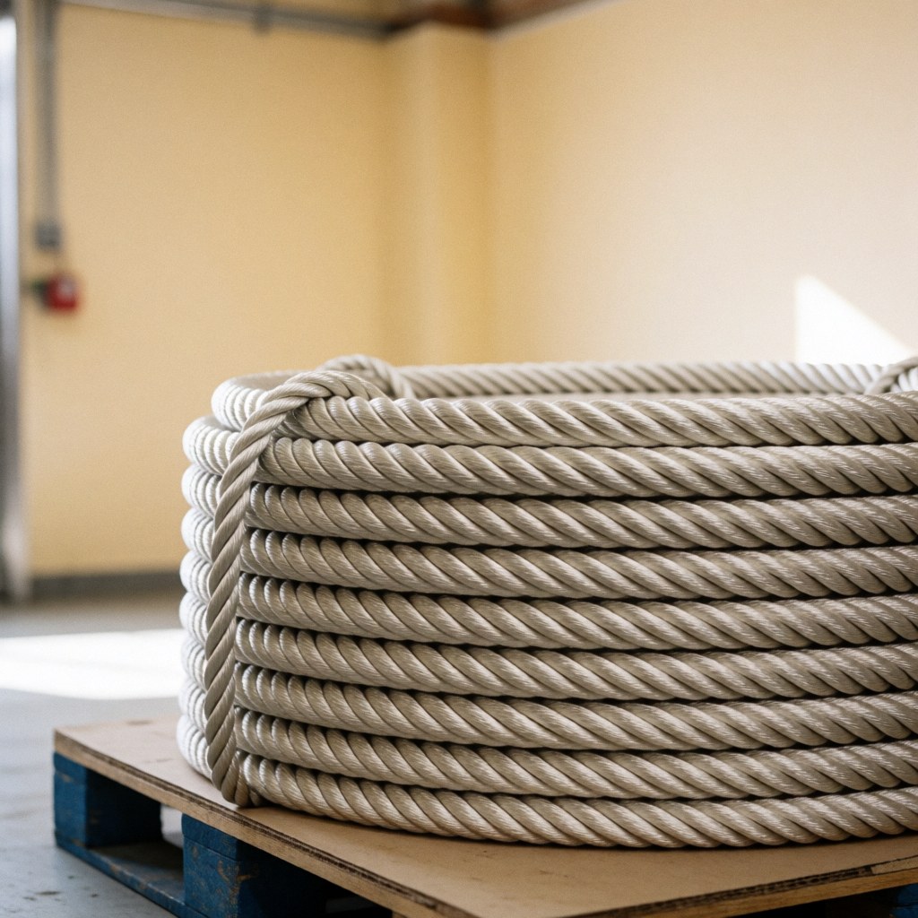 New shiny steel cable coiled on a wooden pallet in an industrial warehouse with beige walls and a blurred background.