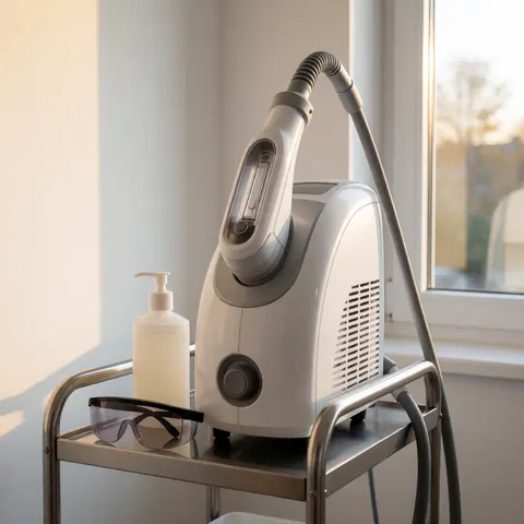 White laser hair removal device on a metal cart with cooling gel and protective glasses near a window