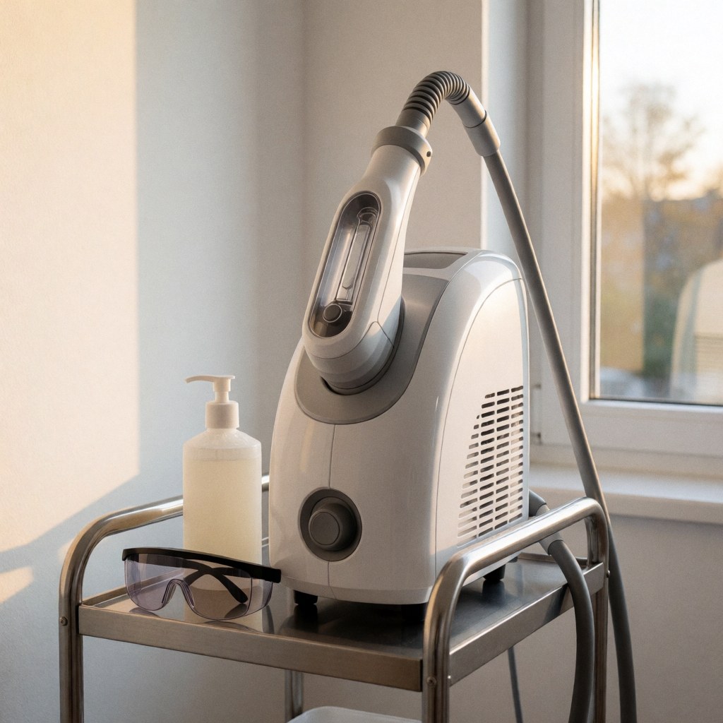 White laser hair removal device on a metal cart with cooling gel and protective glasses near a window