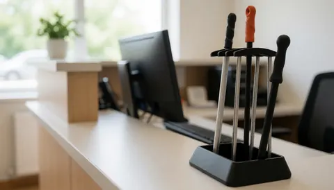 A modern reception desk with a computer, rock climbing tool rack, and natural light, suitable for a climbing training business background.