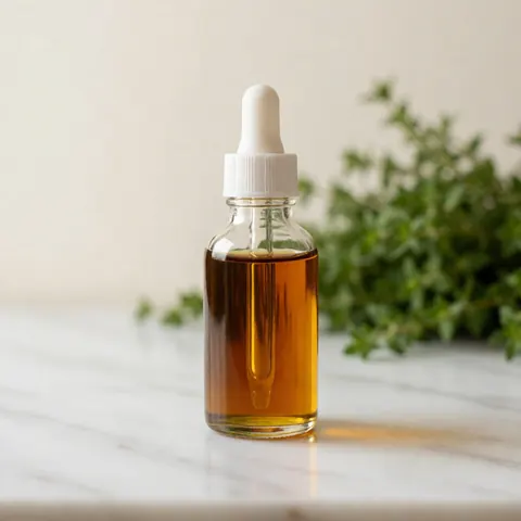 Glass bottle with dropper filled with amber oil on white marble surface with blurred green herbs in background