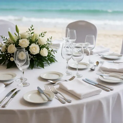 Elegant beach event table set with white tablecloth, silverware, glasses, and white rose floral arrangement with blurred sea background