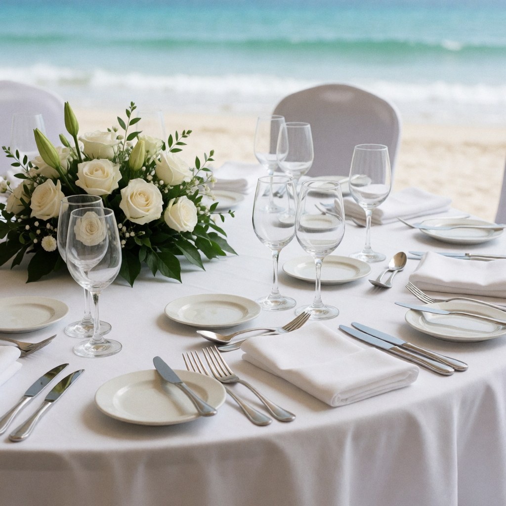 Elegant beach event table set with white tablecloth, silverware, glasses, and white rose floral arrangement with blurred sea background