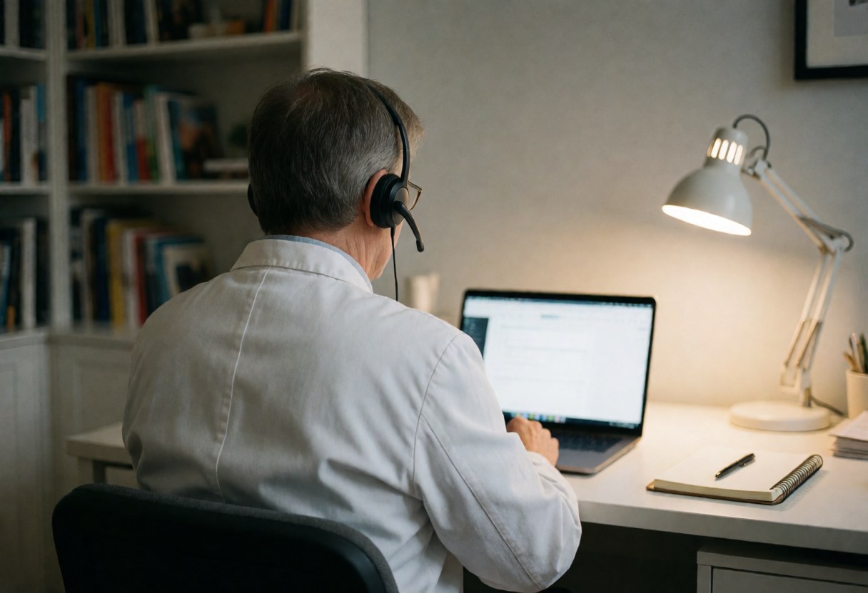 Healthcare worker in white coat and headset working on laptop at desk with notebook and lamp