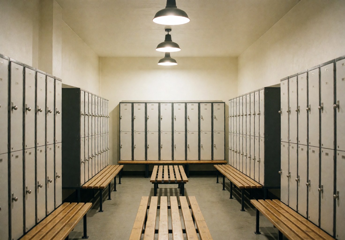 Empty locker room featuring metal lockers and wooden benches illuminated by hanging lamps, ready for visitors.