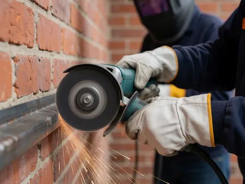 A worker wearing a helmet and gloves uses a cutting tool to flatten a metal joint against a brick wall, creating flying sparks.