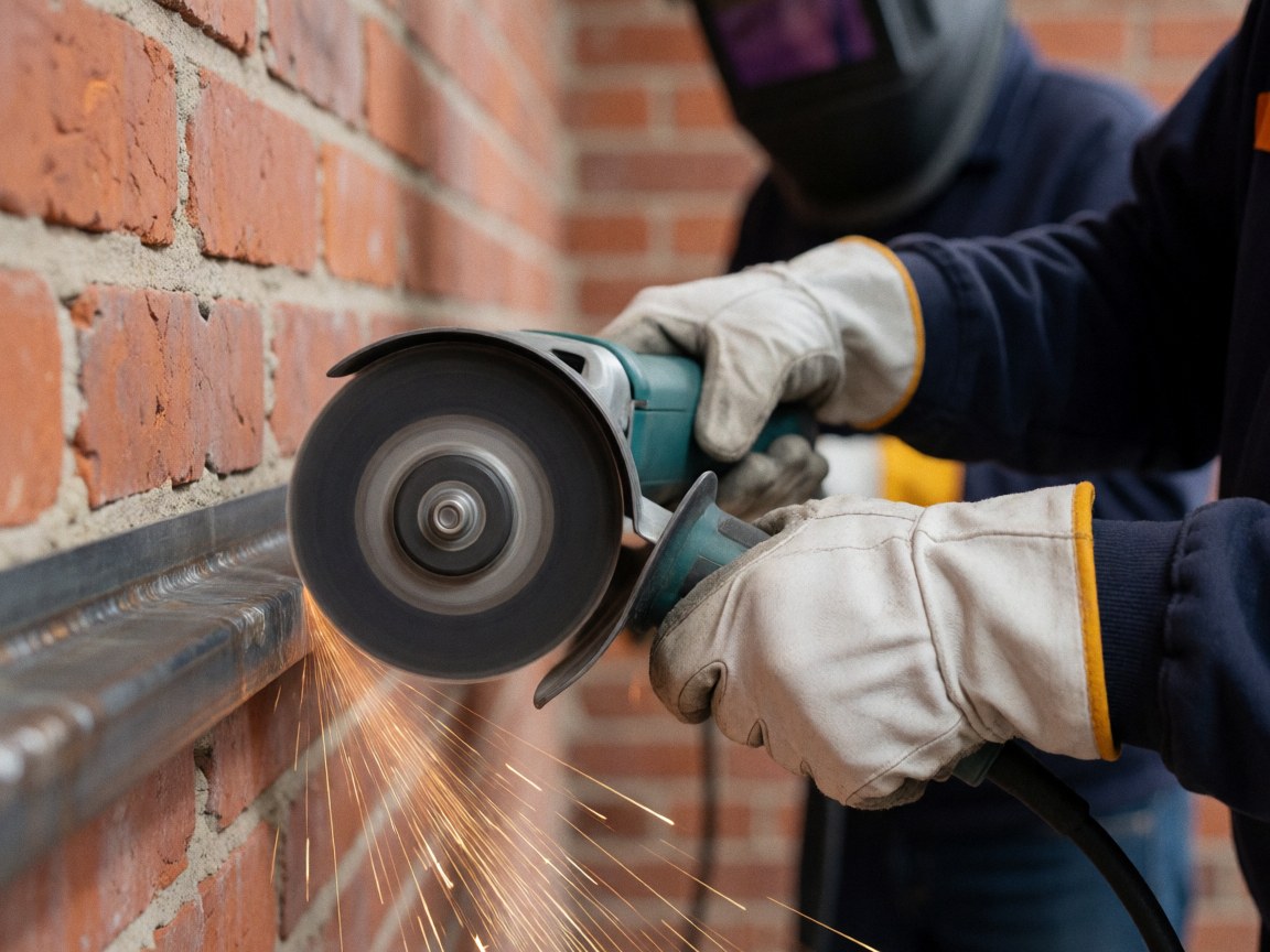 A worker wearing a helmet and gloves uses a cutting tool to flatten a metal joint against a brick wall, creating flying sparks.