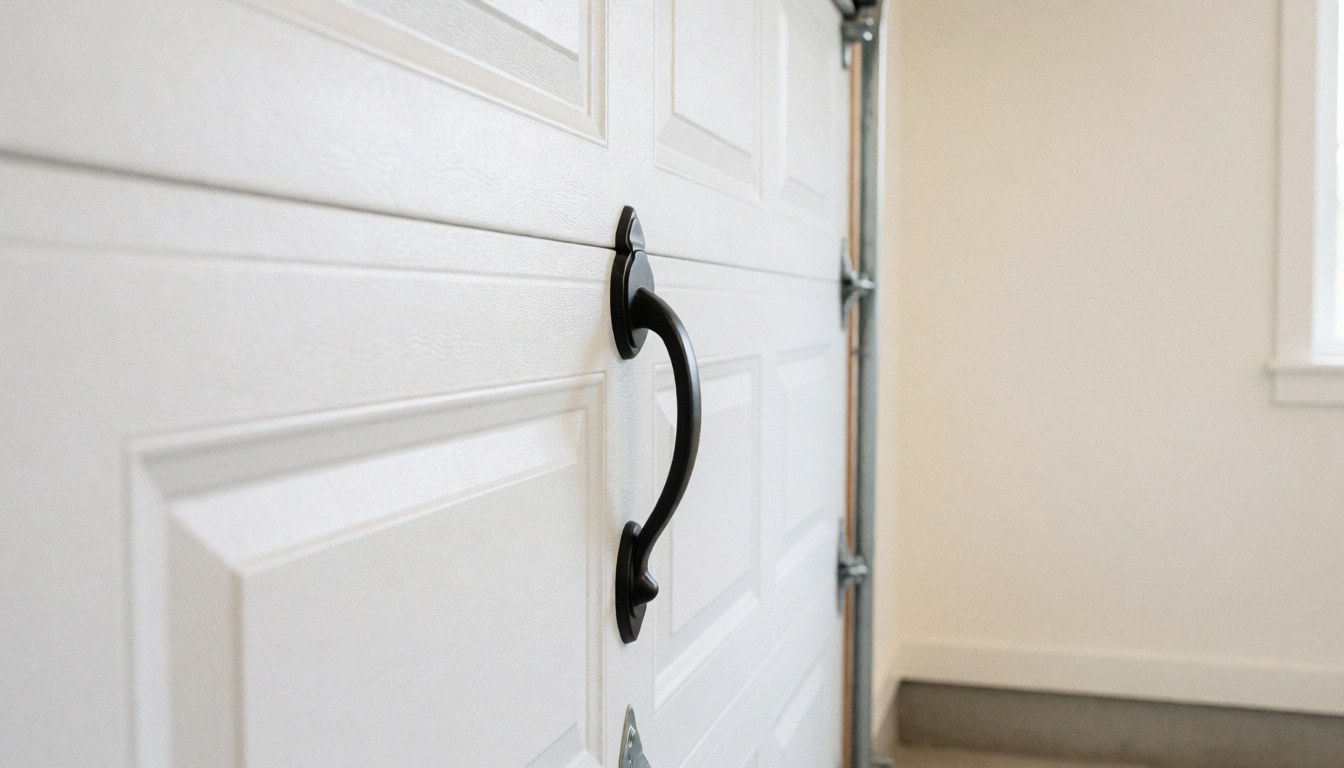 Close-up of a white residential garage door featuring a sleek black handle against a clean, light-colored wall background.