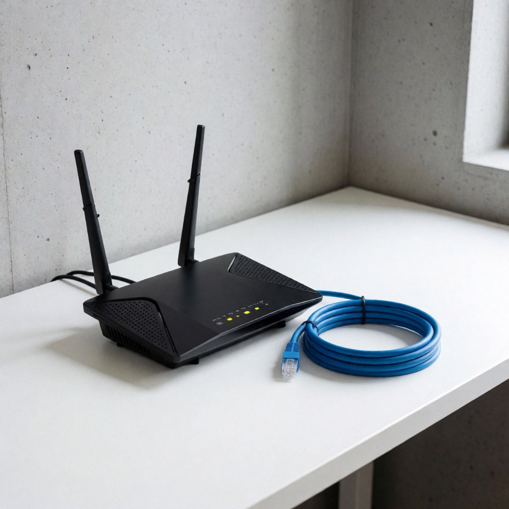 Black wireless router with antennas and lights next to a coiled blue ethernet cable on a white table with a concrete wall background