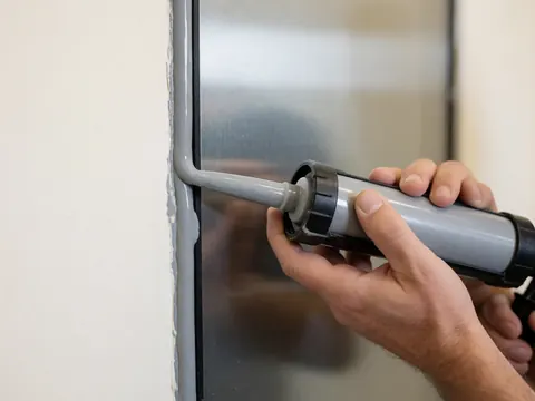 Close-up of hands applying gray sealant to a metal window joint with a blurred background showing adhesive texture