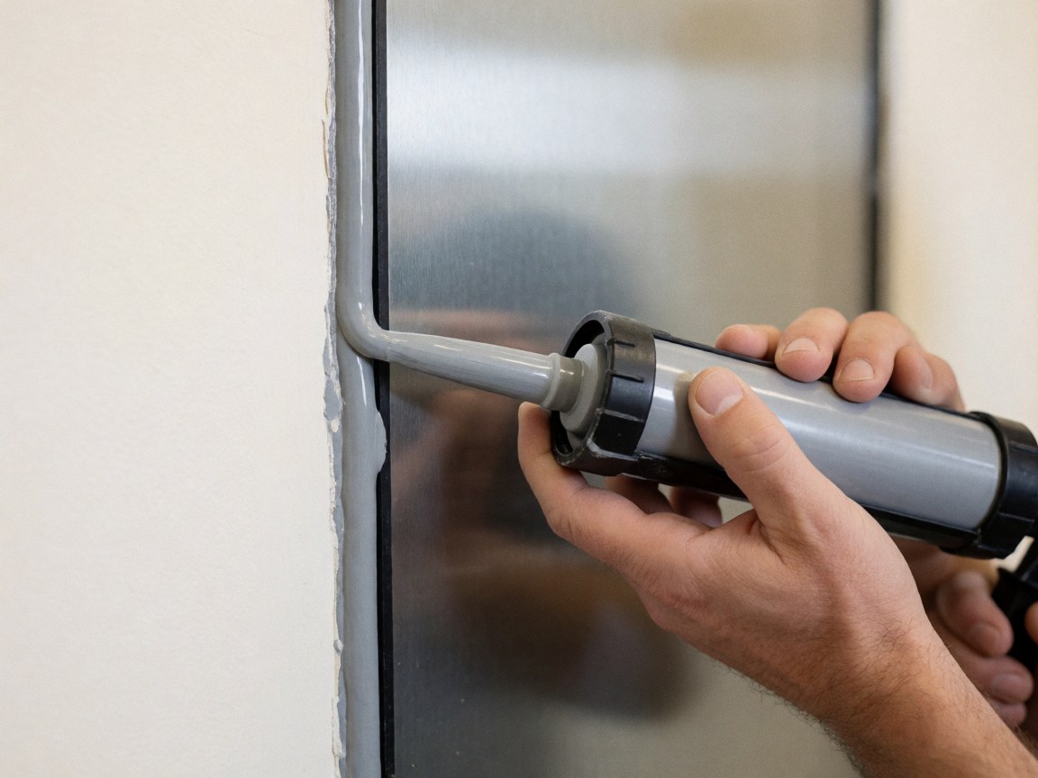 Close-up of hands applying gray sealant to a metal window joint with a blurred background showing adhesive texture