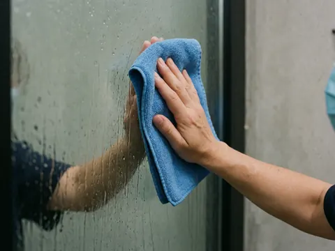 Close-up of a hand using a blue cloth to wipe a wet glass window, showing water droplets and reflections against a plain concrete wall.