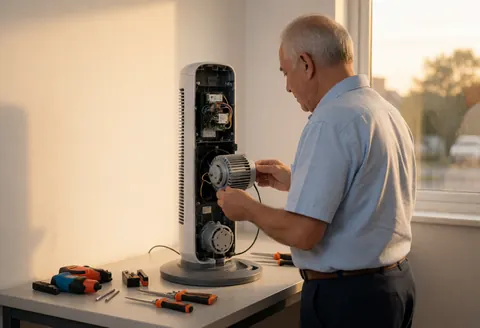 Technician inspecting fan motor in workshop with tools on table and sunset light from window