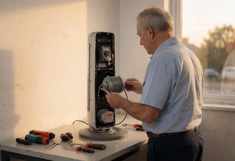 Technician inspecting fan motor in workshop with tools on table and sunset light from window