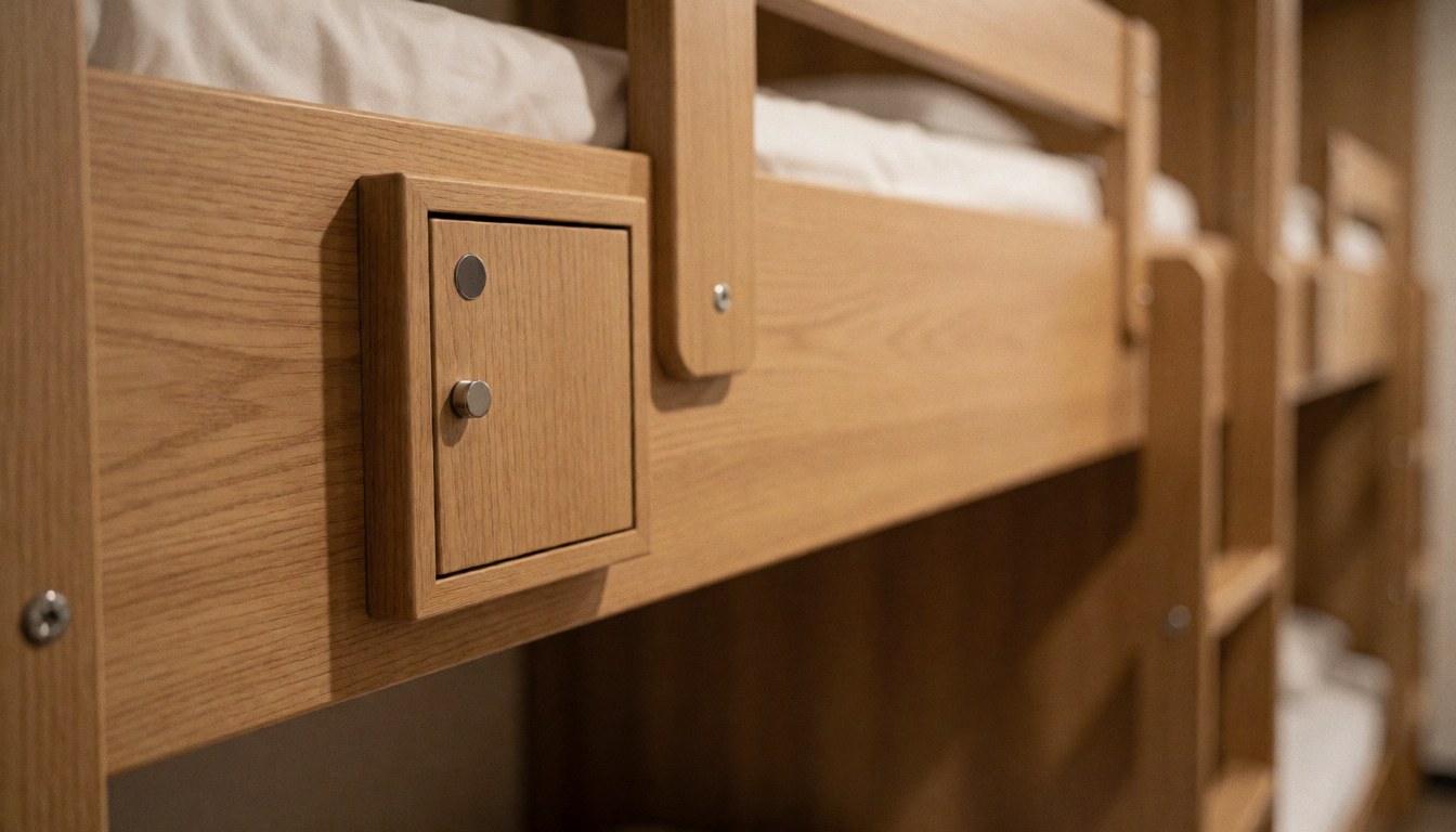 Close-up of a wooden bed with an integrated drawer inside a cozy mountain shelter, featuring a blurred background with additional beds and warm, relaxing lighting.