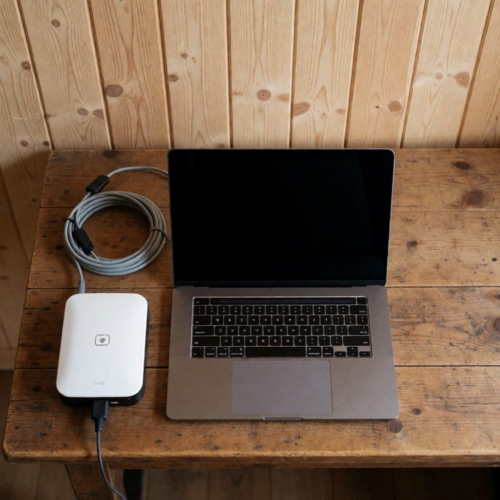 A laptop and satellite modem connected on a rustic wooden table, suitable for mountain hut internet service.