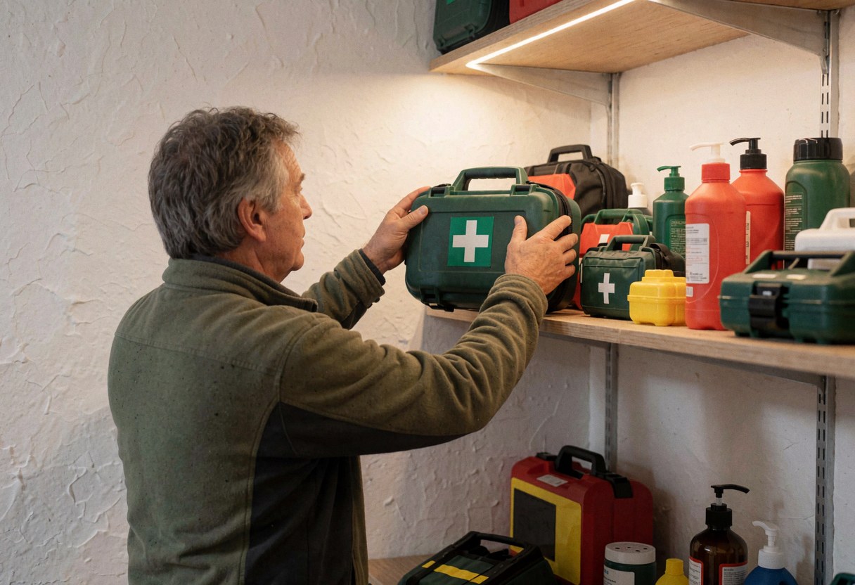 A man grabs a first aid kit from a shelf stocked with other emergency supplies in a mountain hut.