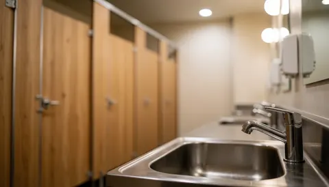 Clean steel sink in a wooden cabin bathroom with warm soft lighting, suitable as a background for mountain hut text.