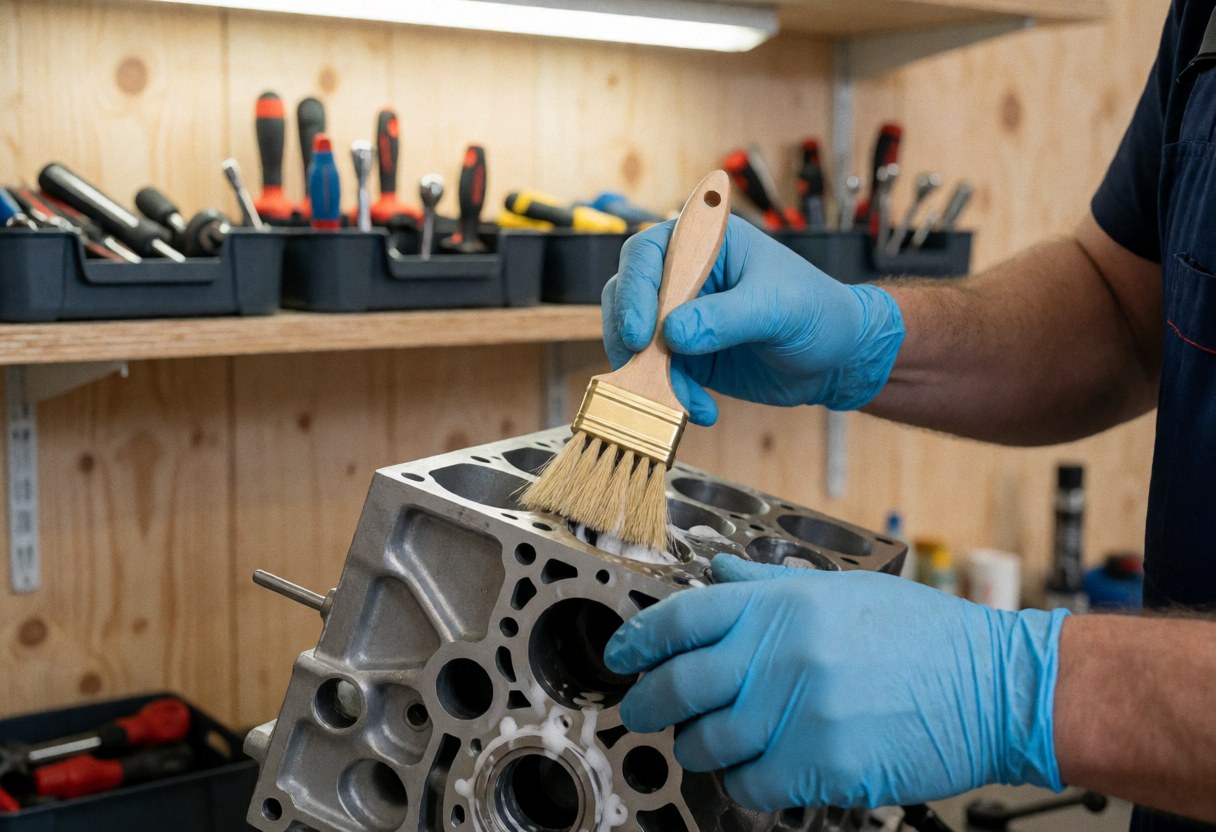 Mechanic in blue gloves uses degreasing foam and a bronze brush to clean a vehicle engine block in a workshop with organized tools and wooden walls.