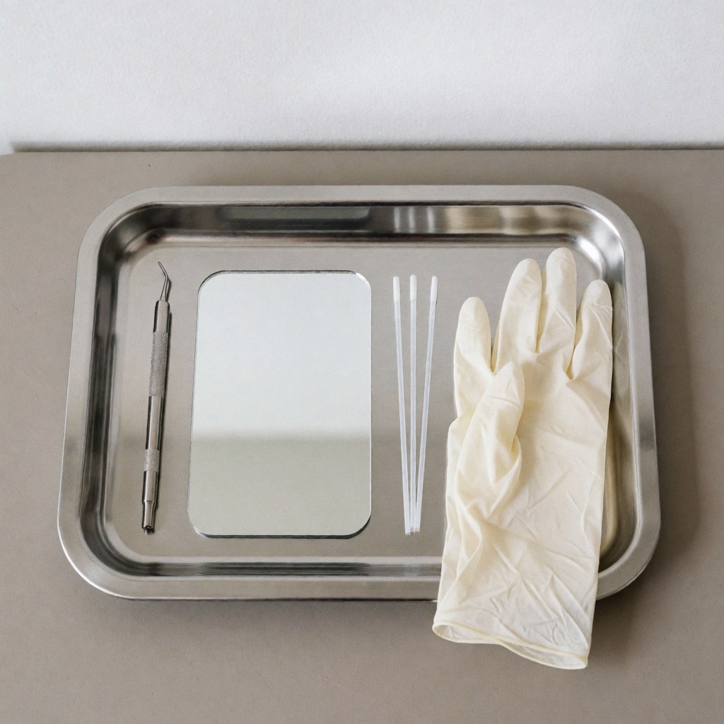 Stainless steel tray with mirror, tweezers, cotton swabs, and latex gloves ready for professional eyebrow lamination service