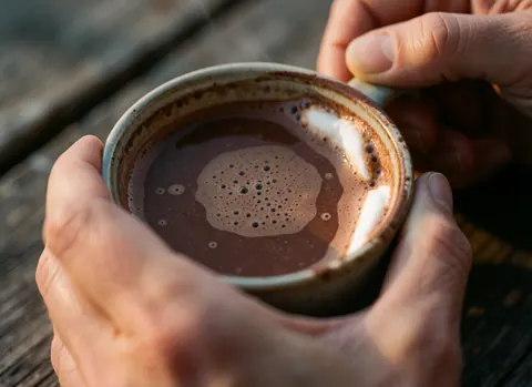 Hands holding a ceramic mug of hot chocolate with foam on a rustic wooden table with warm lighting and a blurred background