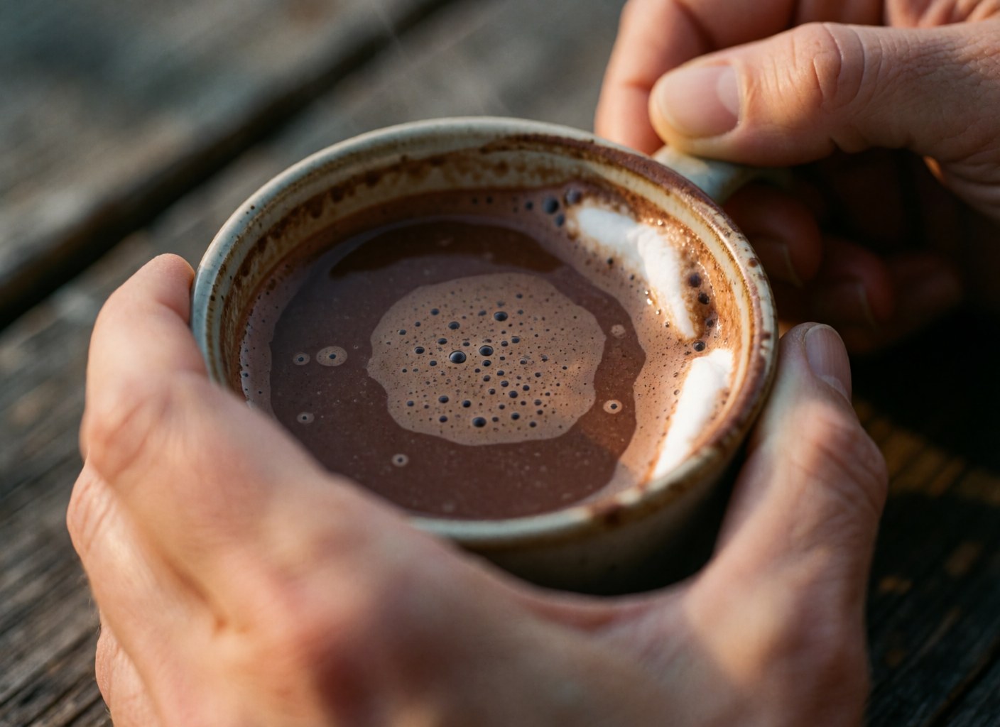 Hands holding a ceramic mug of hot chocolate with foam on a rustic wooden table with warm lighting and a blurred background