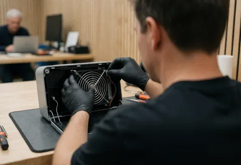Technician installing a fan in an open console on a table with a wooden background