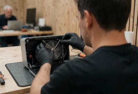Technician installing a fan in an open console on a table with a wooden background
