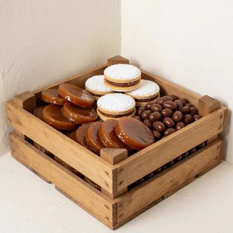 Wooden box containing alfajores, sweet potato candies, and chocolates displayed against a white background for party business use