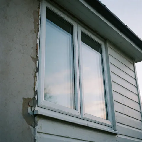 White double-glazed window installed in a cracked and dirty wall reflecting a cloudy sky, showing the transition between interior and exterior finishes