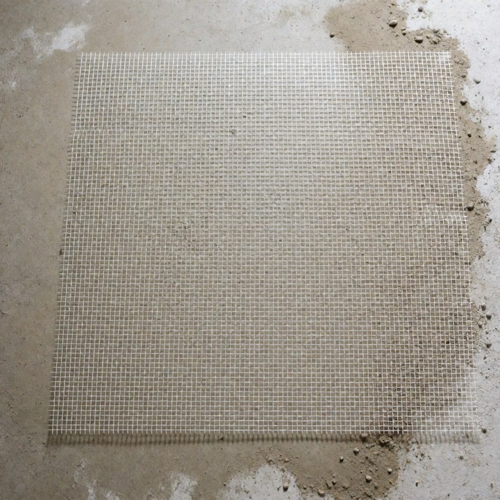 White fiberglass mesh laid over gray concrete floor with dust particles, prepared for cork flooring installation
