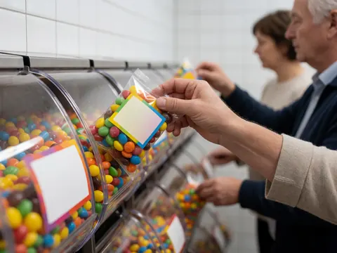 A hand reaches into a candy dispenser to grab a clear bag filled with multicolored sweets, with tiled walls and other dispensers in the background.