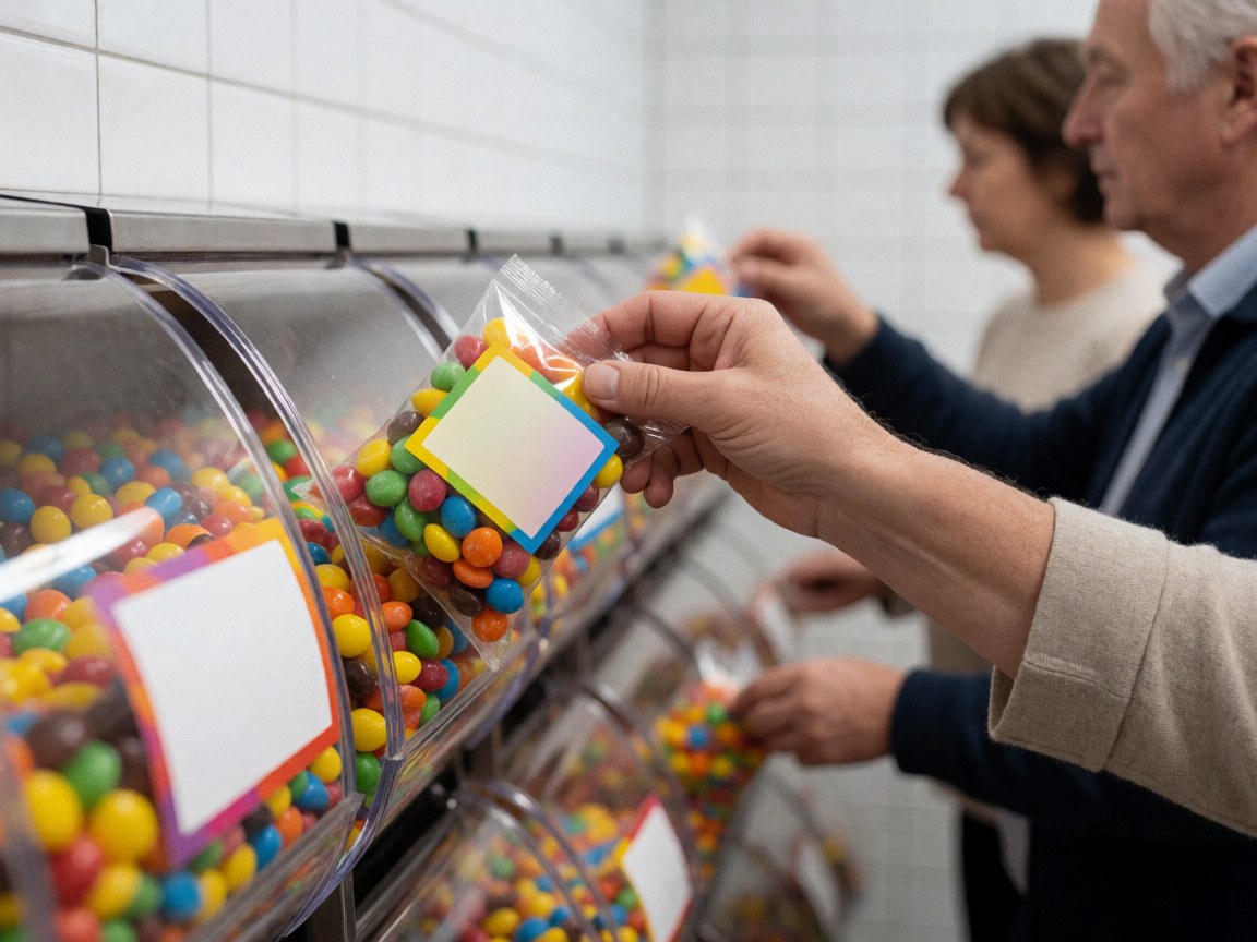 A hand reaches into a candy dispenser to grab a clear bag filled with multicolored sweets, with tiled walls and other dispensers in the background.