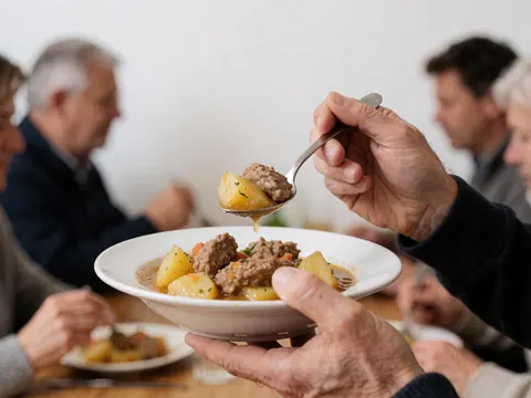 Close-up of a spoon lifting stew with meat and potatoes from a bowl, with a blurred background of diners enjoying their meal at a restaurant table.